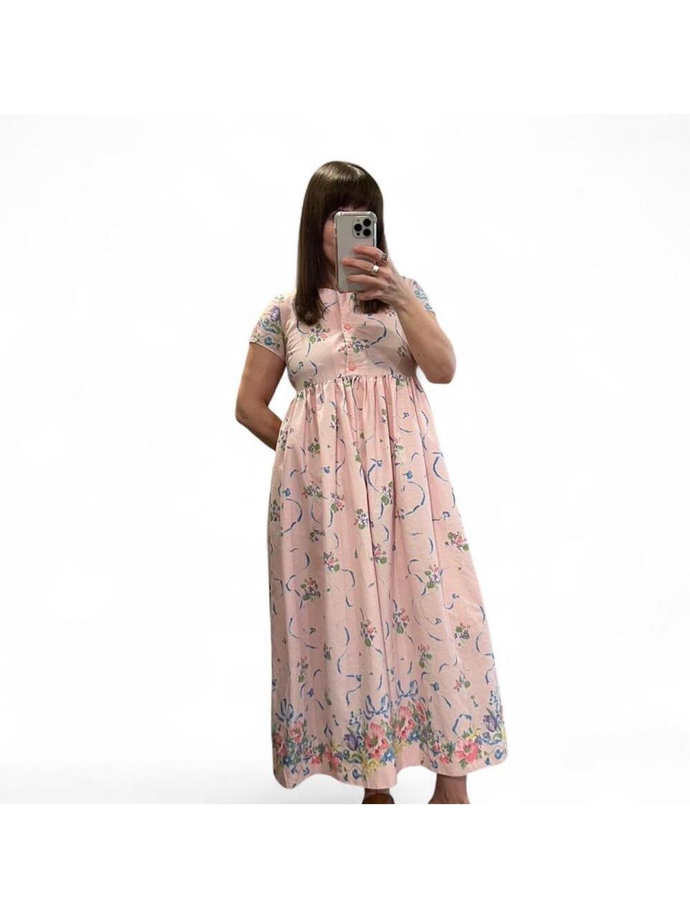 Vintage Handmade Prairie Floral Midi Dress Pink Cottagecore